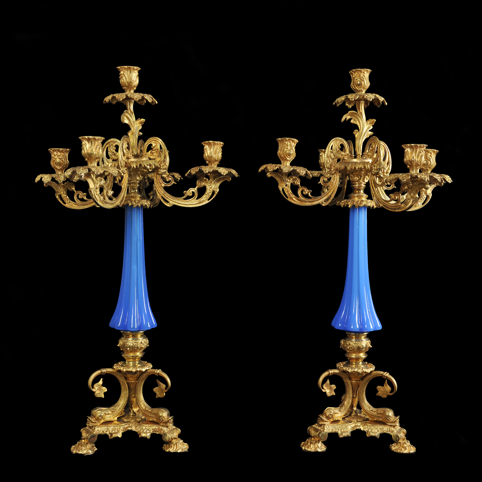 Coppia di candelabri a cinque fiamme in bronzo dorato con stelo in vetro opaline azzurro . Epoca XIX° Sec. cm.75 x 42